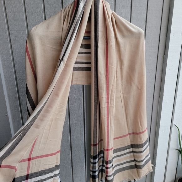 Gorgeous Viscose Classic Check Scarf Beige with Red and Black Plaid Wrap - Picture 3 of 13